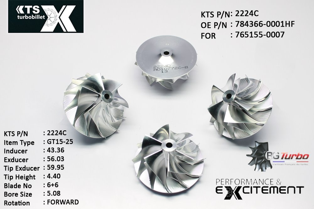 Turbo ROUE FORGÉE MFS PERFORMANCE - 6+6 PALES - INDUCER : 43,36 - EXDUCER : 56,03 - TYPE : GT15-25ANGLE : 75° - ROTATION : Forward - SUPER BACK : 3,68 - BORE SIZE : 5,08
